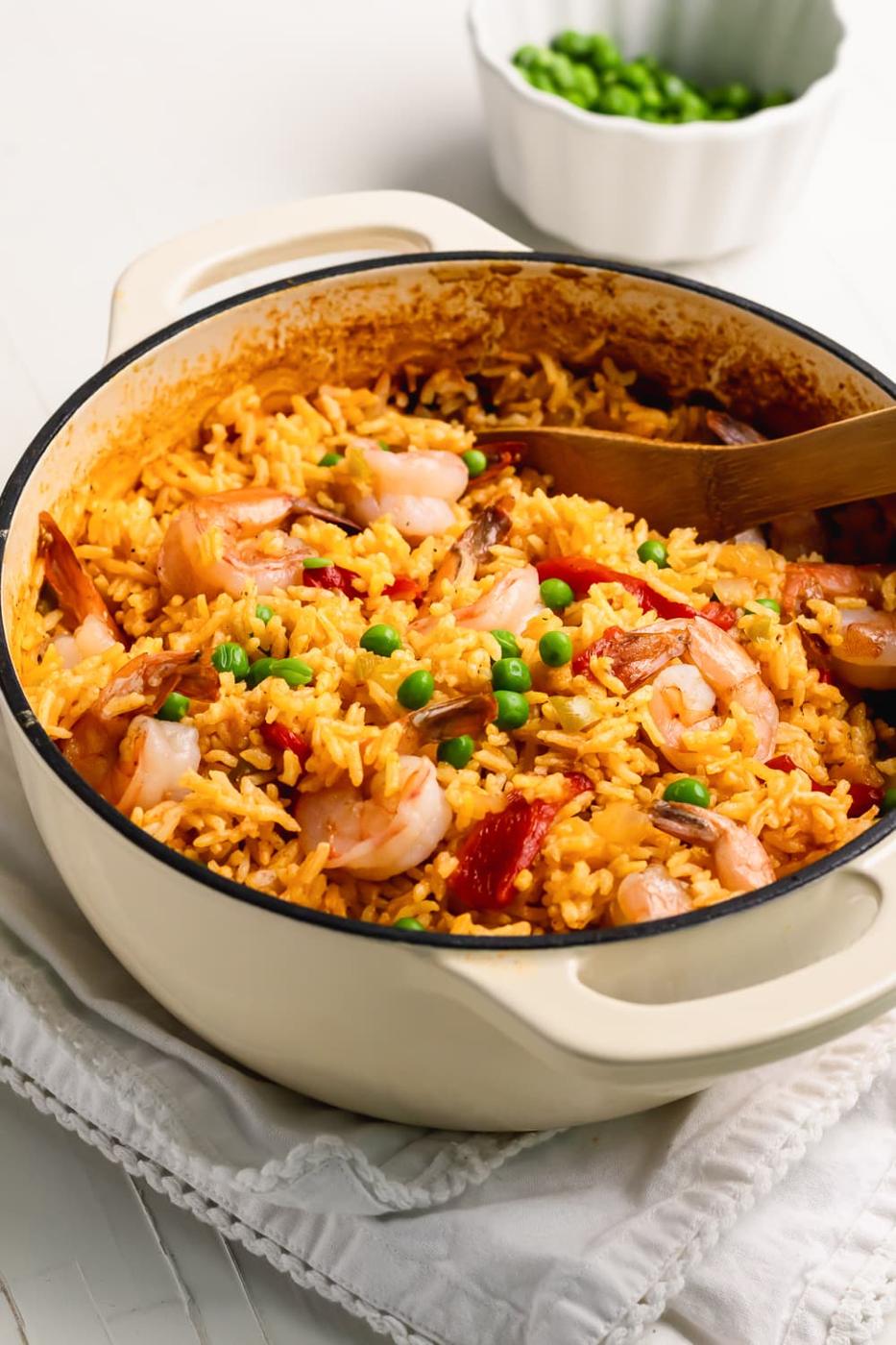 Spanish yellow rice with shrimp in a Dutch oven