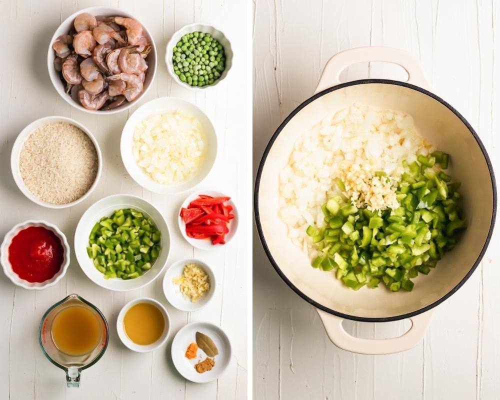 ingredients for arroz con camarones with Dutch oven and sofrito