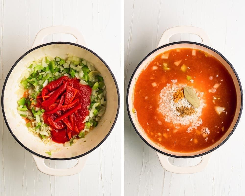 Dutch oven with aromatics, pimentos and shrimp stock with rice