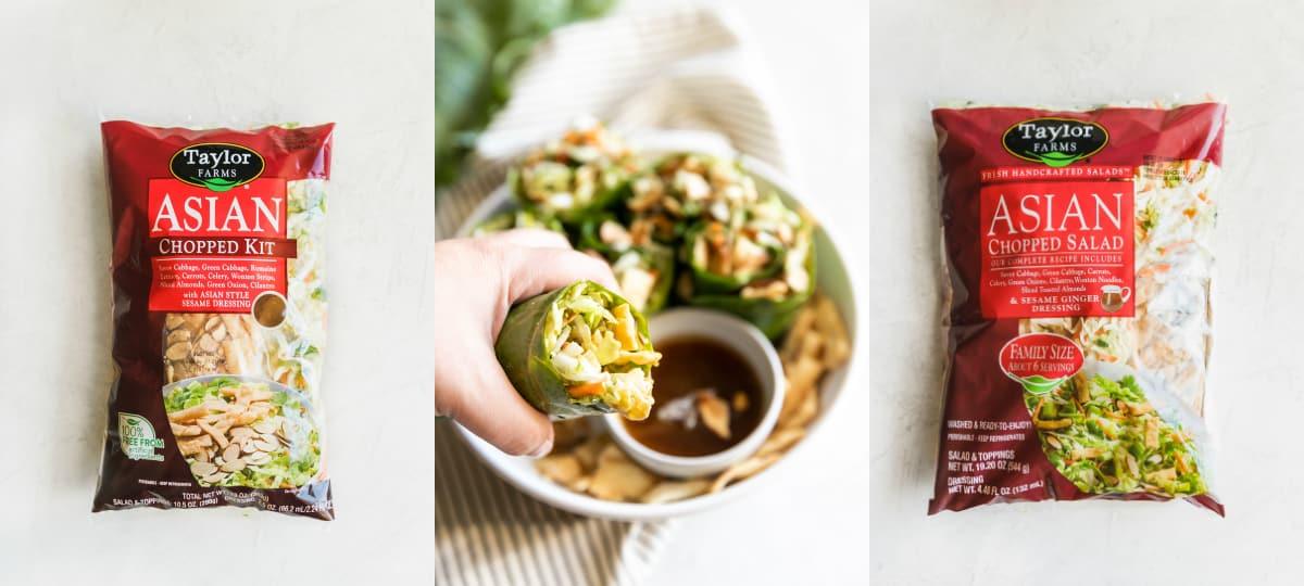 Simple collard green wraps made with avocado, savory green cabbage, carrots, celery, green onions, cilantro, toasted slivered almonds, crisp wontons, and sweet sesame ginger dressing!