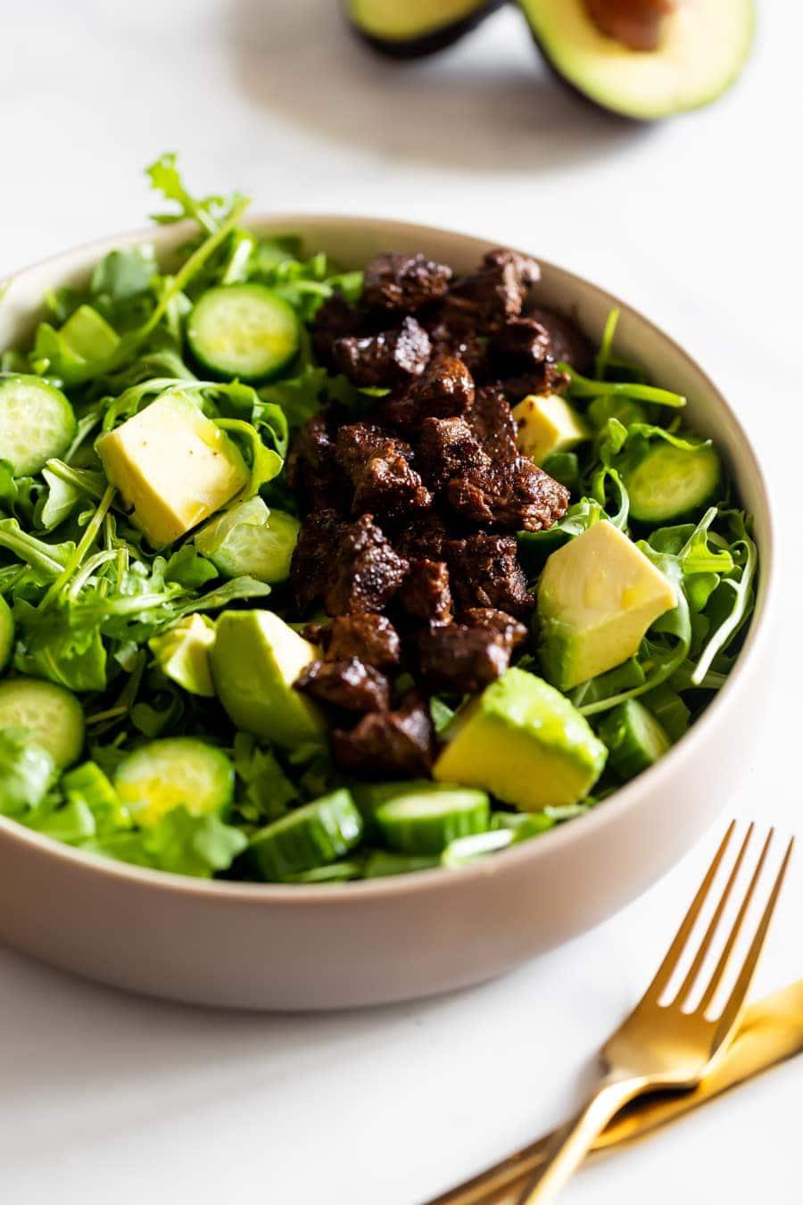 Avocado Cucumber Salad with Sirloin Steak Tips