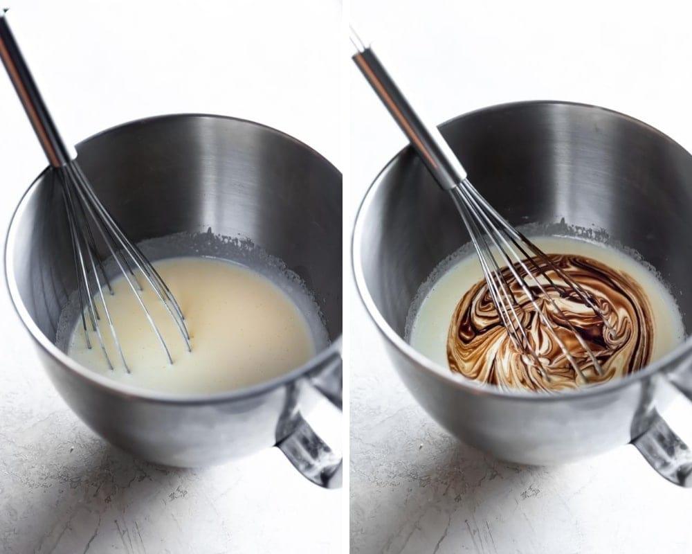 collage of eggs and sugar whipped with melted chocolate