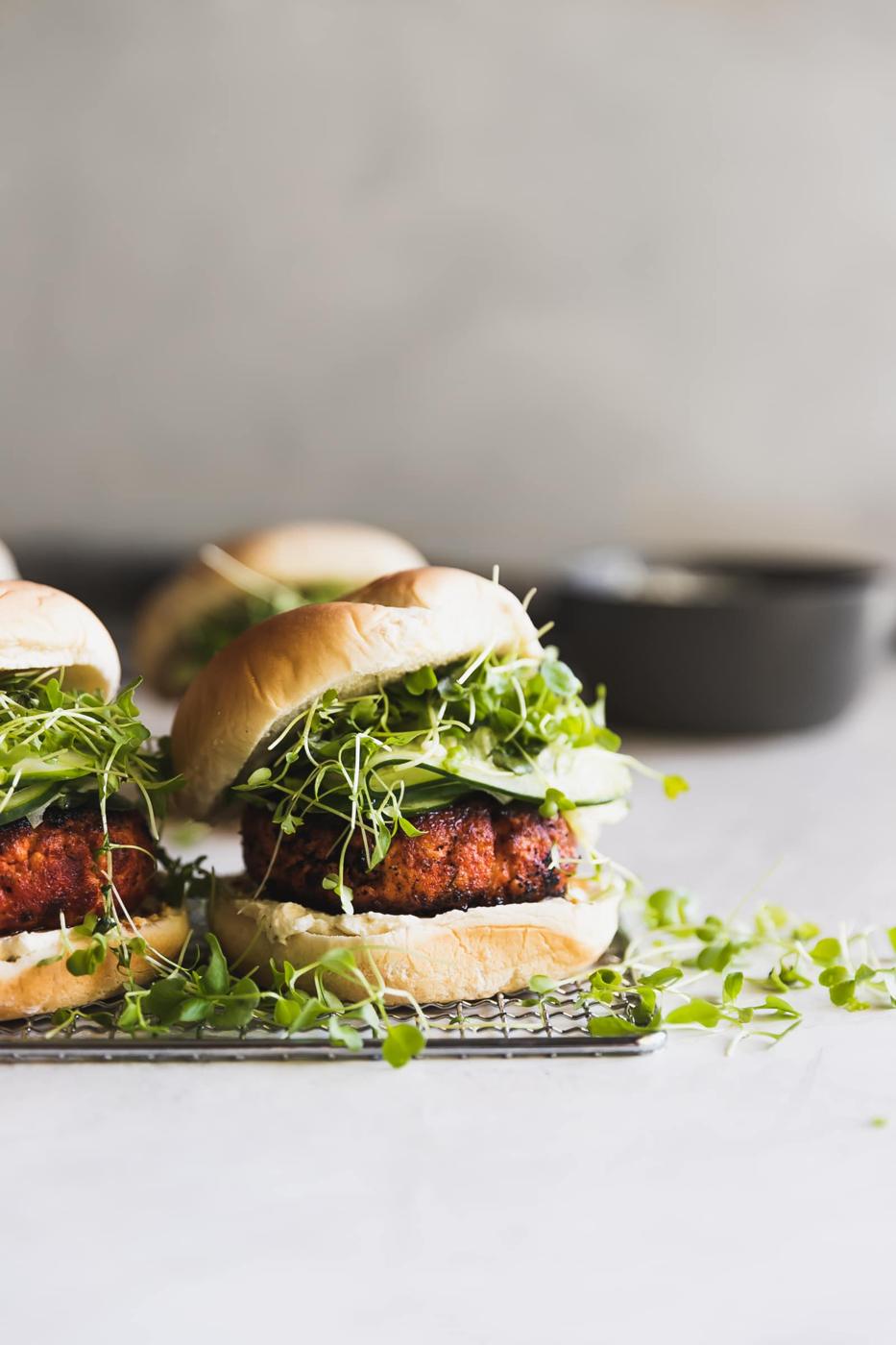 Blackened Salmon Burger Recipe with Queso Fresco Cream Cheese Spread