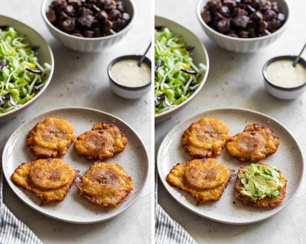 collage of plantains with mashed avocado