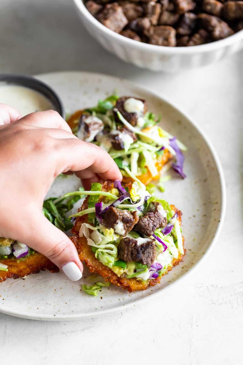 Carne Asada Tostones with Roasted Garlic Chopped Salad