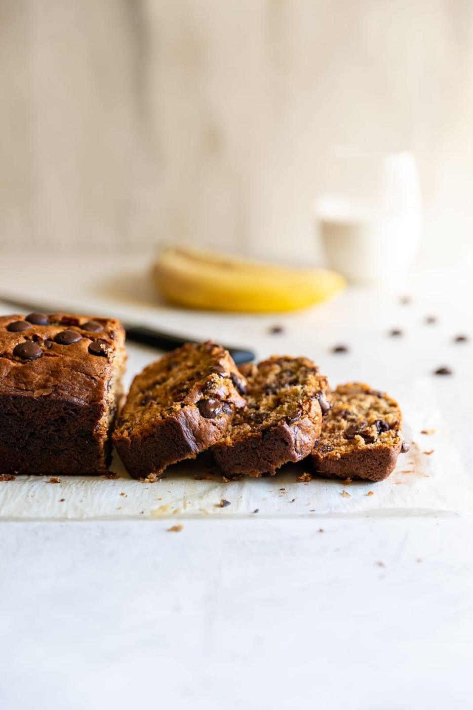 sliced moist chocolate chip banana bread