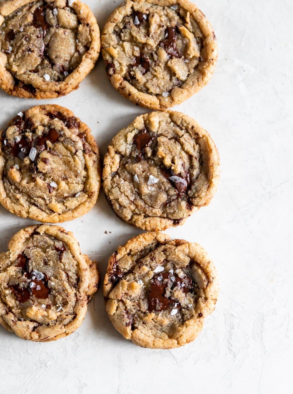 overhead close up shot of chewy chocolate chip cookies