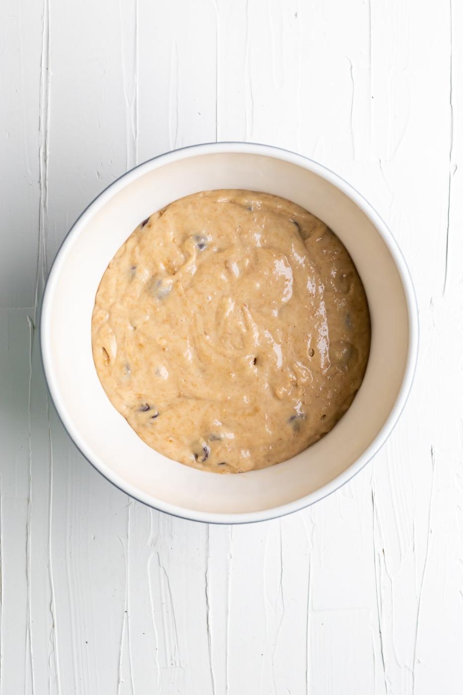 muffin batter with all the ingredients incorporated with chocolate chips
