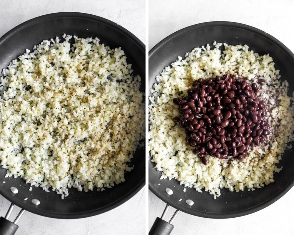 photo of pan with riced cauliflower and photo of riced cauliflower with black beans