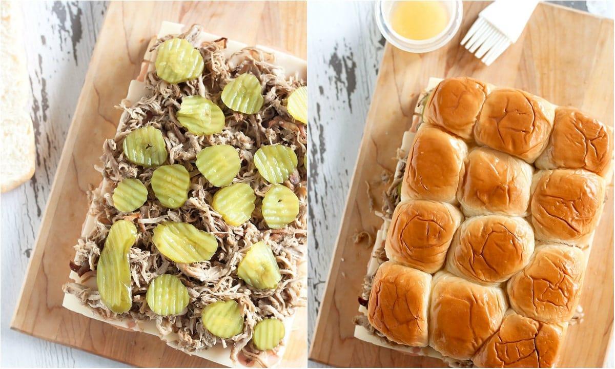 building cuban sliders with pork, cheese, ham, mustard, and dill pickles on sweet rolls