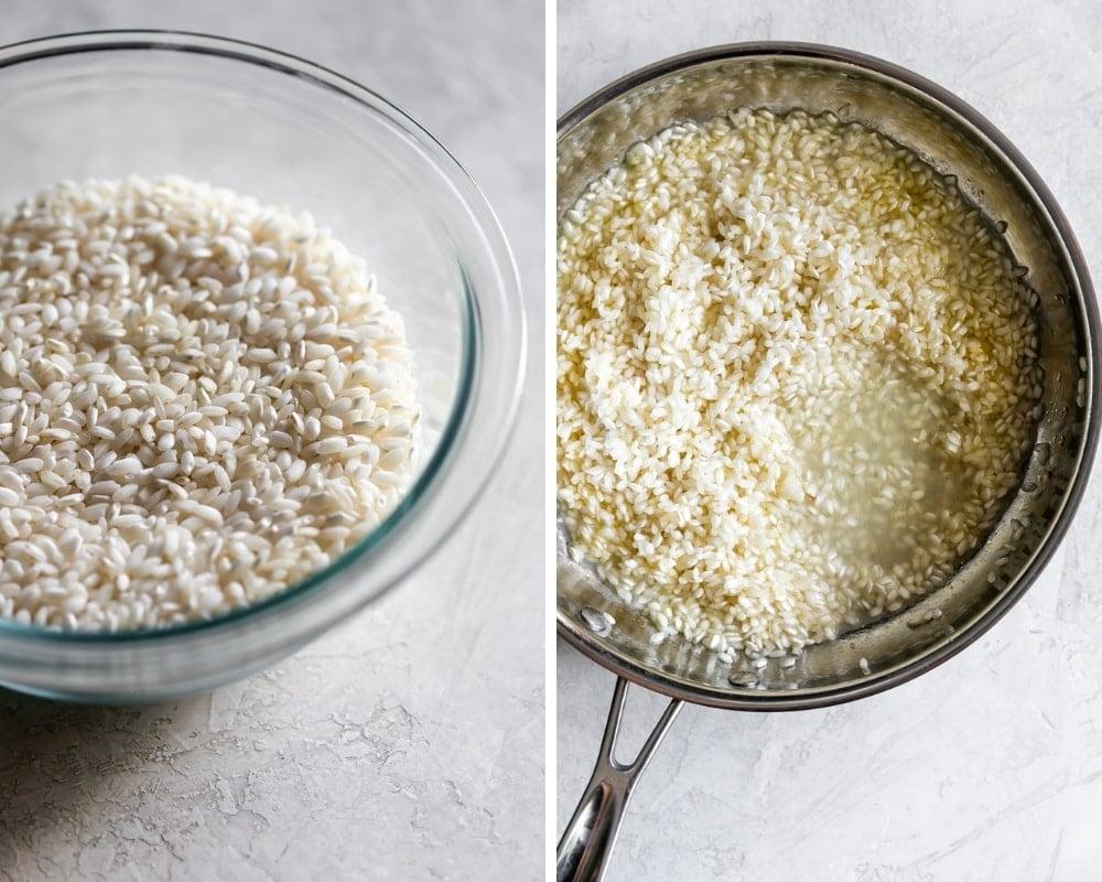 bowl with Arborio rice before cooking and skillet with Italian short-grain risotto rice with chicken broth