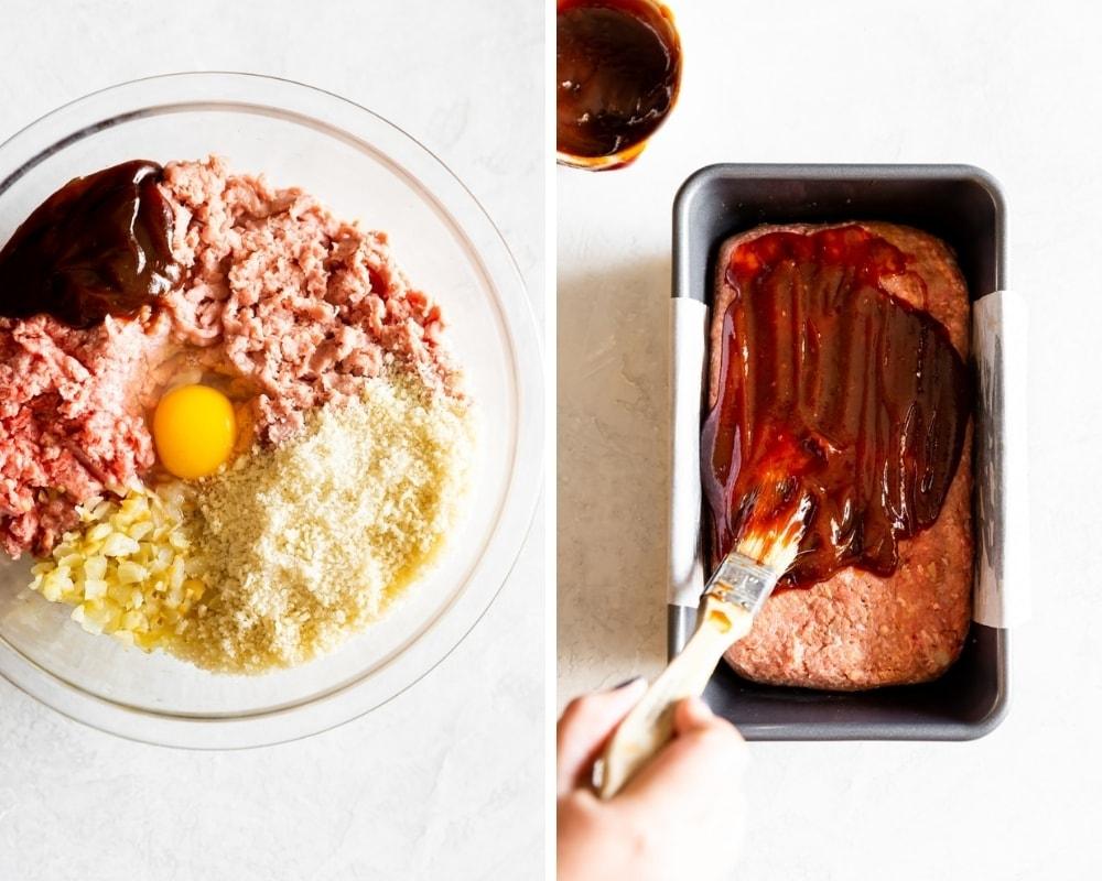 meatloaf ingredients in a bowl and loaf shaped in a loaf pan with guava bbq sauce