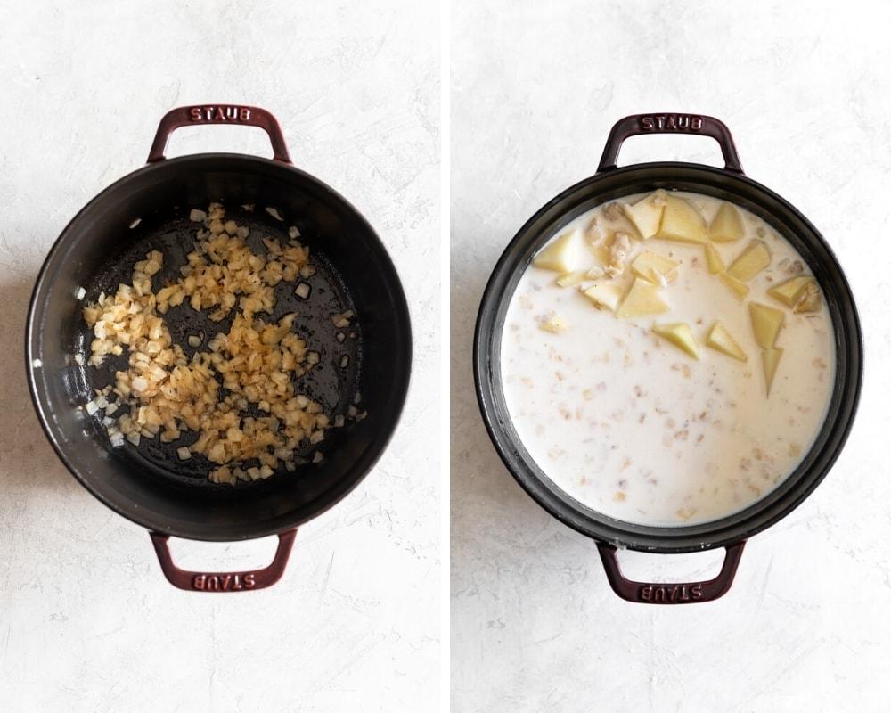 pot with sautéed onions and pot with milk, chicken stock, and potatoes