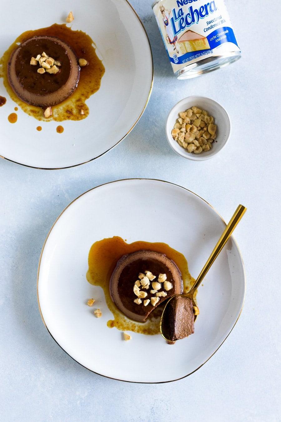 Mini Toasted Hazelnut Mocha Flans. Traditional flan gone modern using dark chocolate, strong espresso, and toasted hazelnuts.