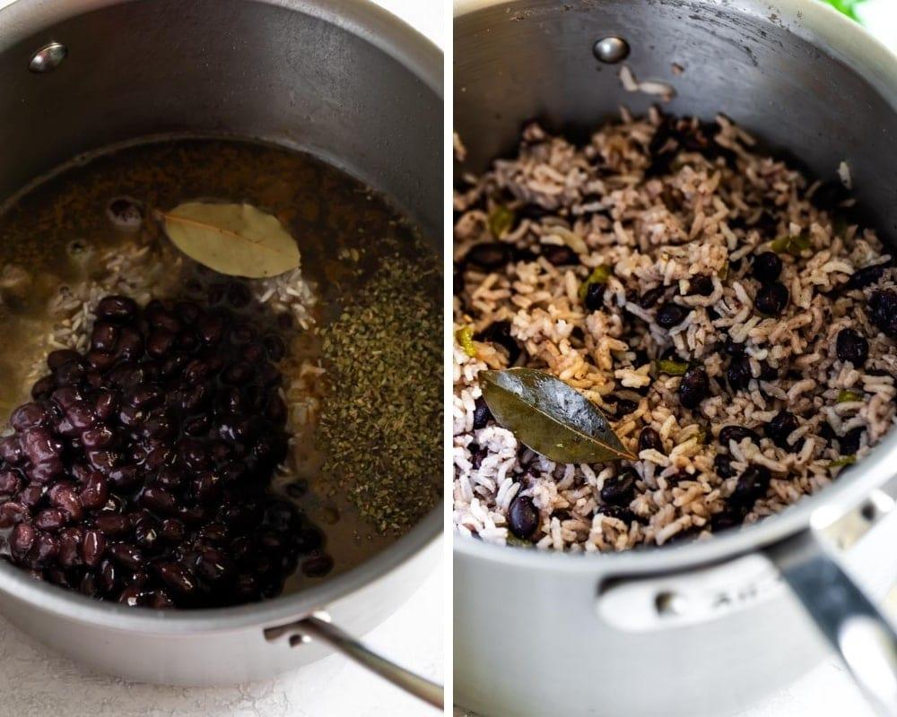 collage of black beans and rice ingredients cooked