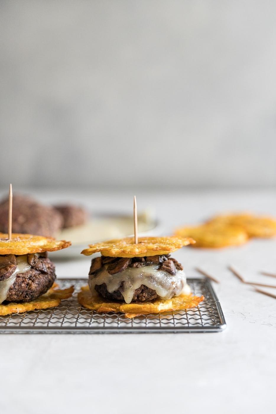 Mushroom Swiss Black Bean Burgers with Plantain Buns