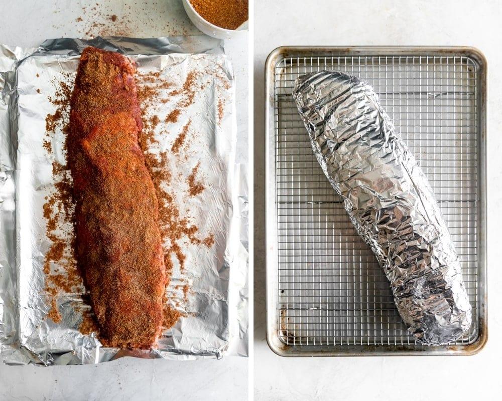 baby back ribs with dry rub and wrapped in aluminum foil before baking in the oven