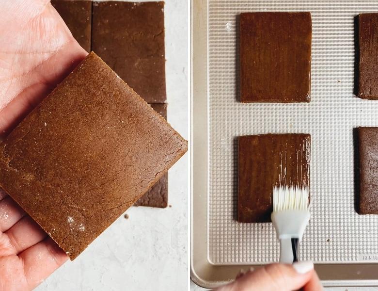 showing the cookie square and brushing the cookies with egg wash