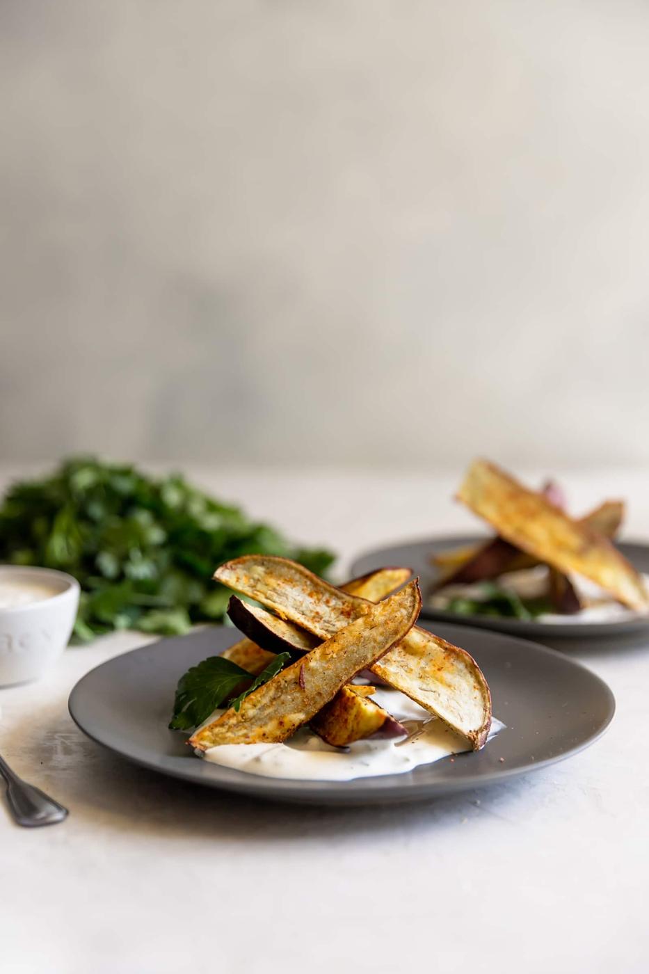 Roasted Japanese Sweet Potato Fries With Charred Scallion Creme Fraiche