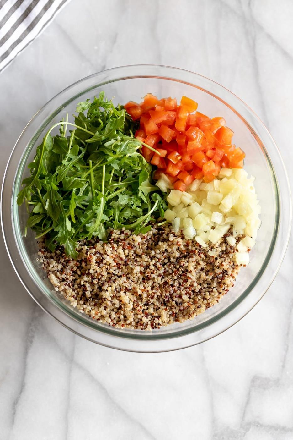 Salmon served with quinoa, tomatoes, onions, and arugula