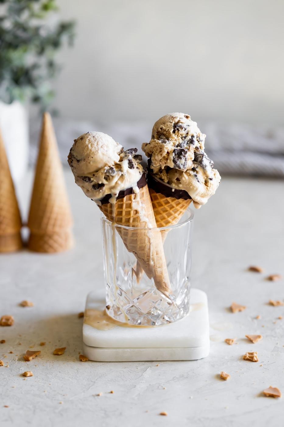 Homemade Salted Caramel Ice Cream with Chocolate Waffle Cone Pieces