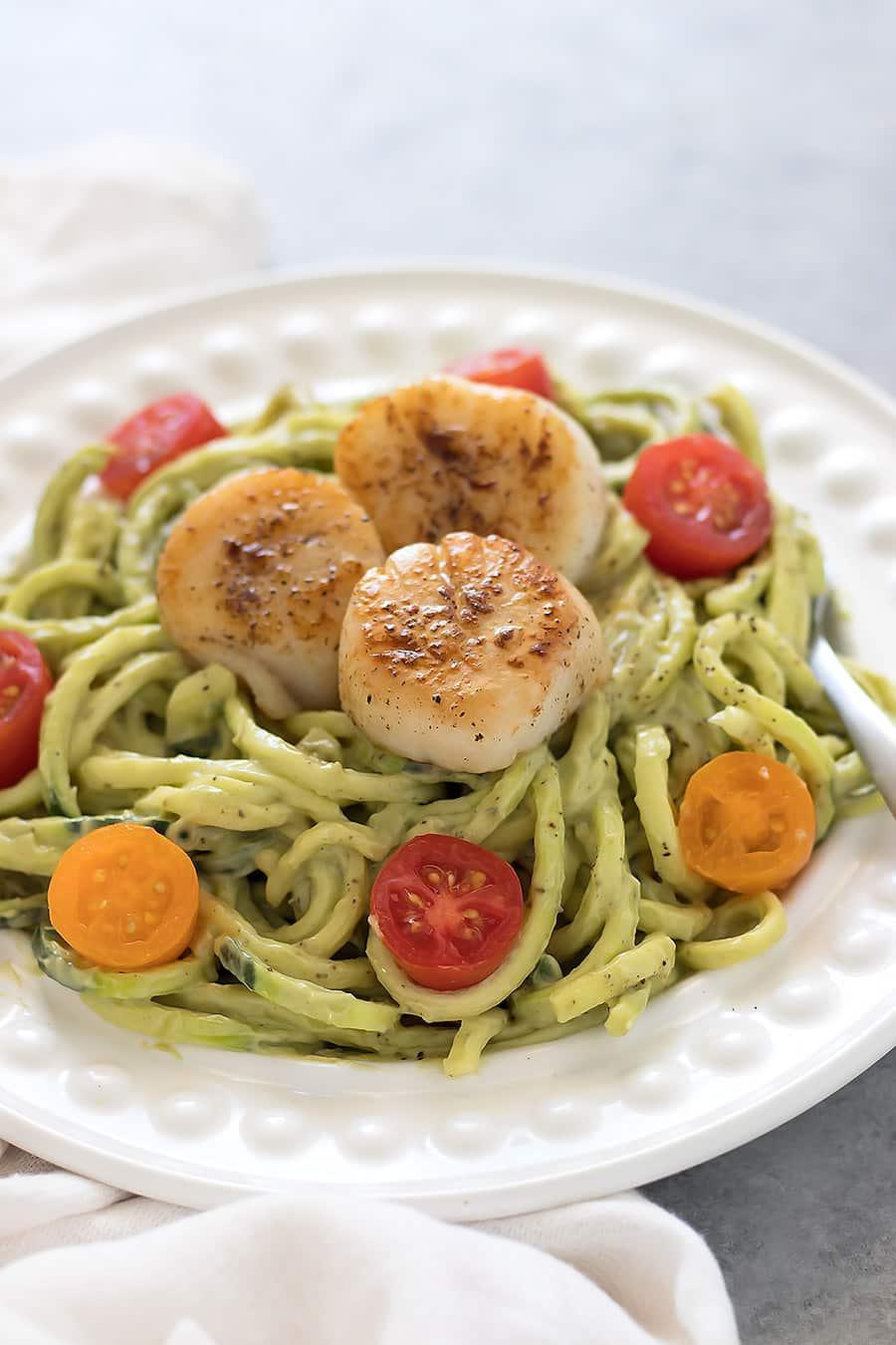 Seared Scallops on Zucchini Noodles with Avocado Sauce