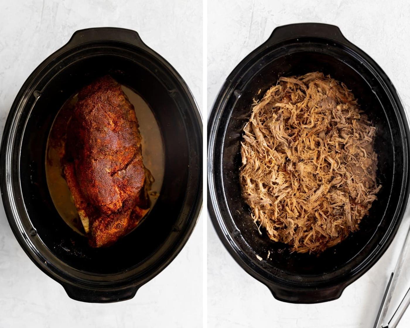 Side-by-side images of a slow cooker: on the left, a whole seasoned pork roast; on the right, the same pork transformed into tender slow cooker pulled pork after cooking.
