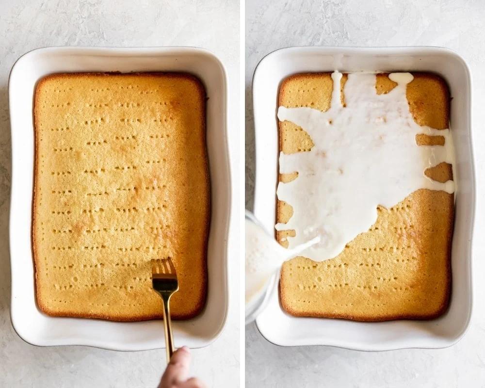 poking holes in a sponge cake with a fork then pouring a three milk mixture on top of the cake