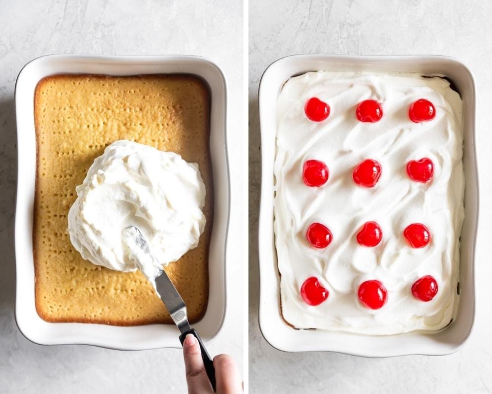 spreading whipped cream on top of tres leches cake and add cherries