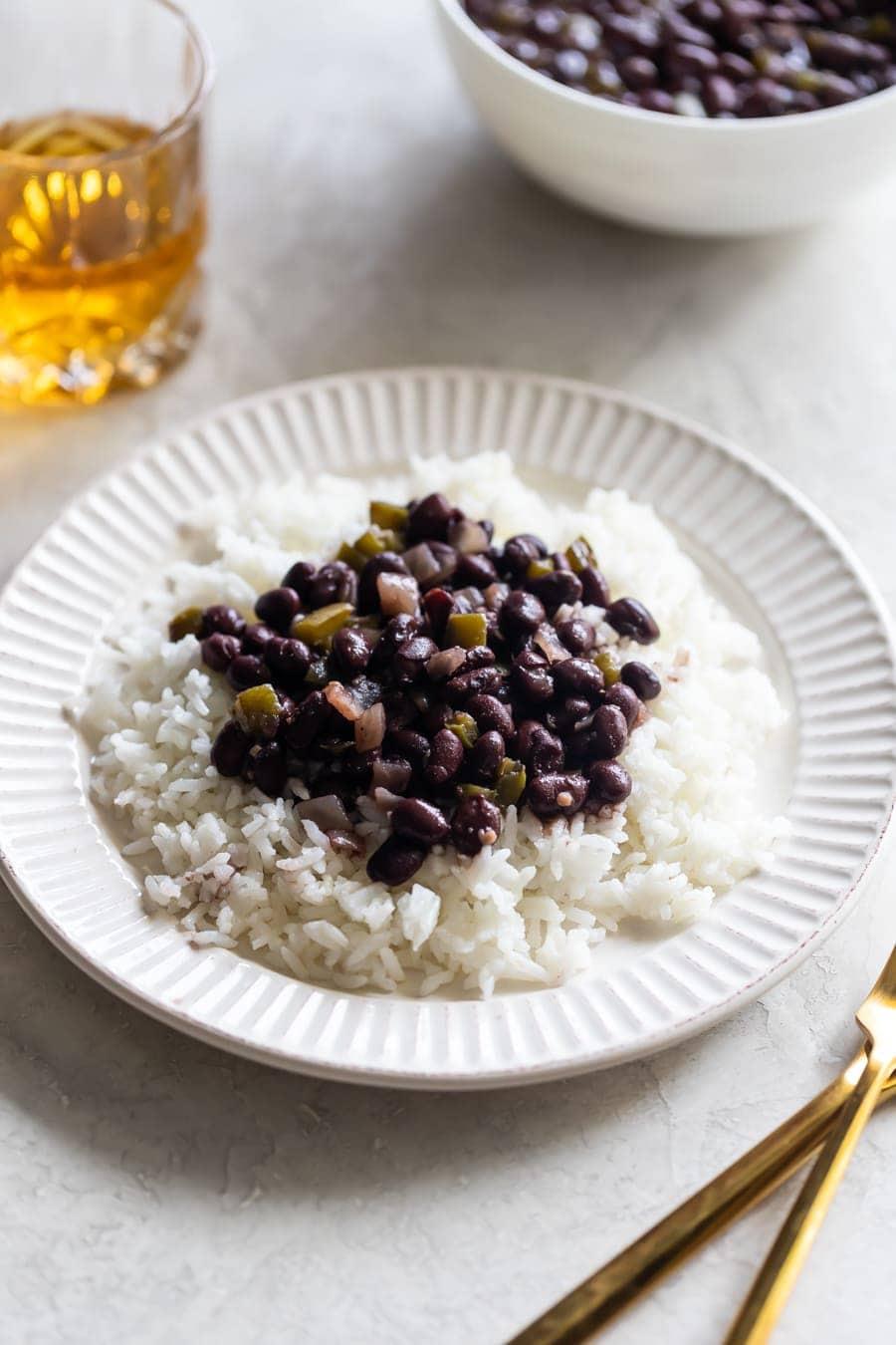 white rice with black beans on top