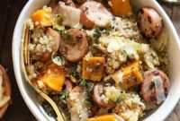 Savory Chicken Apple Sausage Quinoa Bake with Brussels