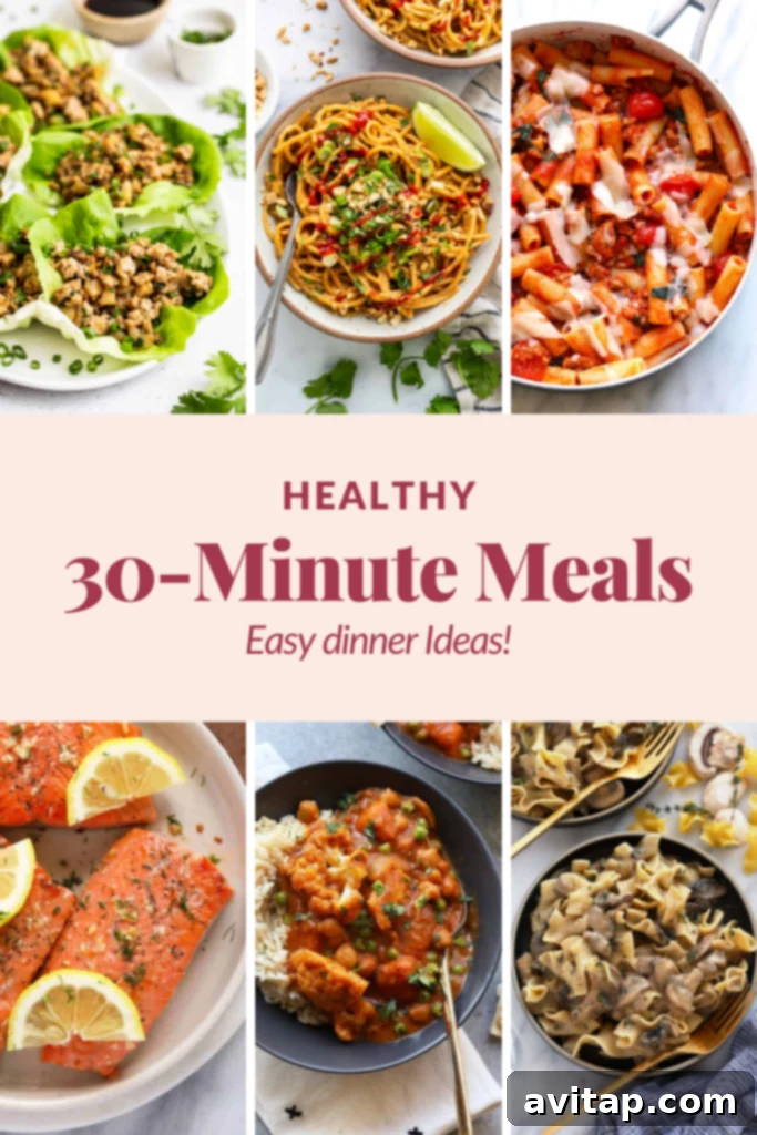 A vibrant collection of fresh, healthy ingredients on a wooden cutting board, ready for quick 30-minute meal preparation, featuring colorful vegetables, lean protein, and herbs.
