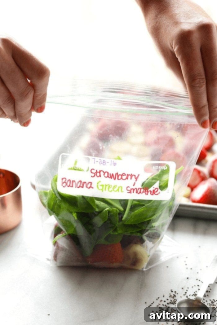 We love green smoothie recipes because you can drink your breakfast smoothie and get a serving of greens all in the same sitting. Don't be intimidated by the color, I promise there are many green smoothie recipes out there that hide the bitter taste of power greens but give you all of the benefits at the same time! Individual portions of green smoothie ingredients prepped in a bag for freezing.
