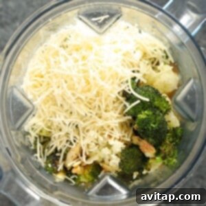 A lightened up broccoli cheese soup ingredients being added to a blender.