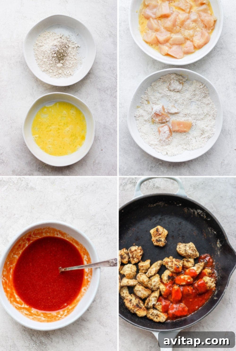 Breading diced chicken pieces with oat flour for crispy sriracha chicken salad.