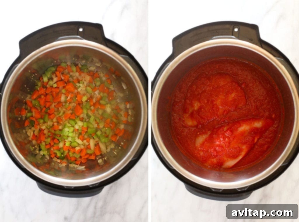 Ingredients being added to an Instant Pot, showing the layering of liquids and spices before the chicken is submerged.