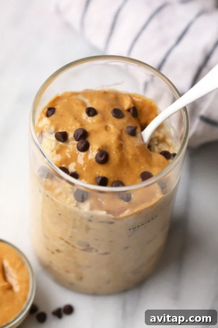 Close-up of a spoonful of peanut butter chocolate chip cookie dough overnight oats, showing texture and ingredients.