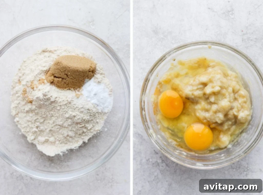 Healthy Banana Bread Ingredients: Dry and Wet Components Ready for Mixing Two bowls, one containing dry ingredients and the other wet ingredients, ready to be combined for the banana bread batter.