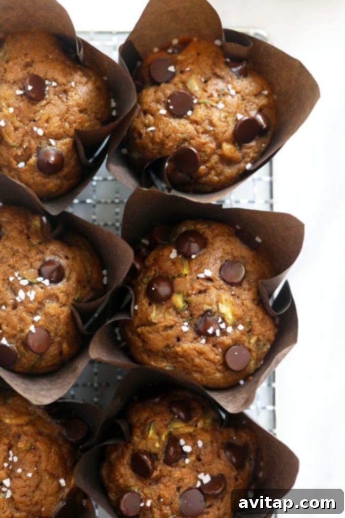 These easy zucchini muffins are made with just one bowl and in less than an hour! Add chocolate chips and sea salt to the top and you'll never want another healthy muffin recipe again. Freshly baked zucchini muffins cooling on a wire rack.