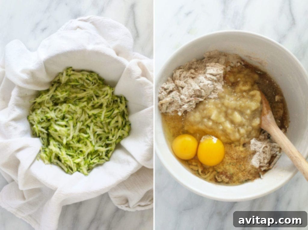 This zucchini muffin recipe is sweetened with banana, maple syrup, and coconut sugar and uses 100% white whole wheat flour. Close-up of shredded zucchini and a bowl of muffin batter.