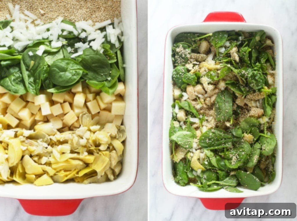 All of the raw ingredients for spinach artichoke quinoa casserole laid out in a casserole dish before baking.