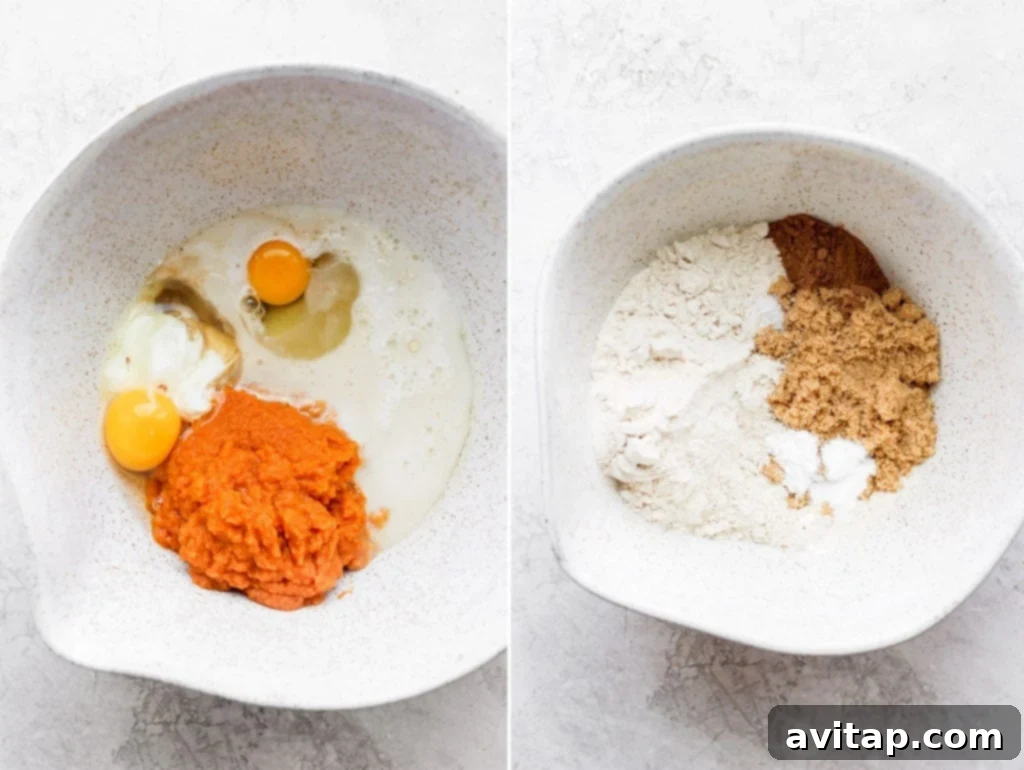 Separated bowls display the dry and wet ingredients for a pumpkin sheet cake, perfectly prepped and ready for mixing.