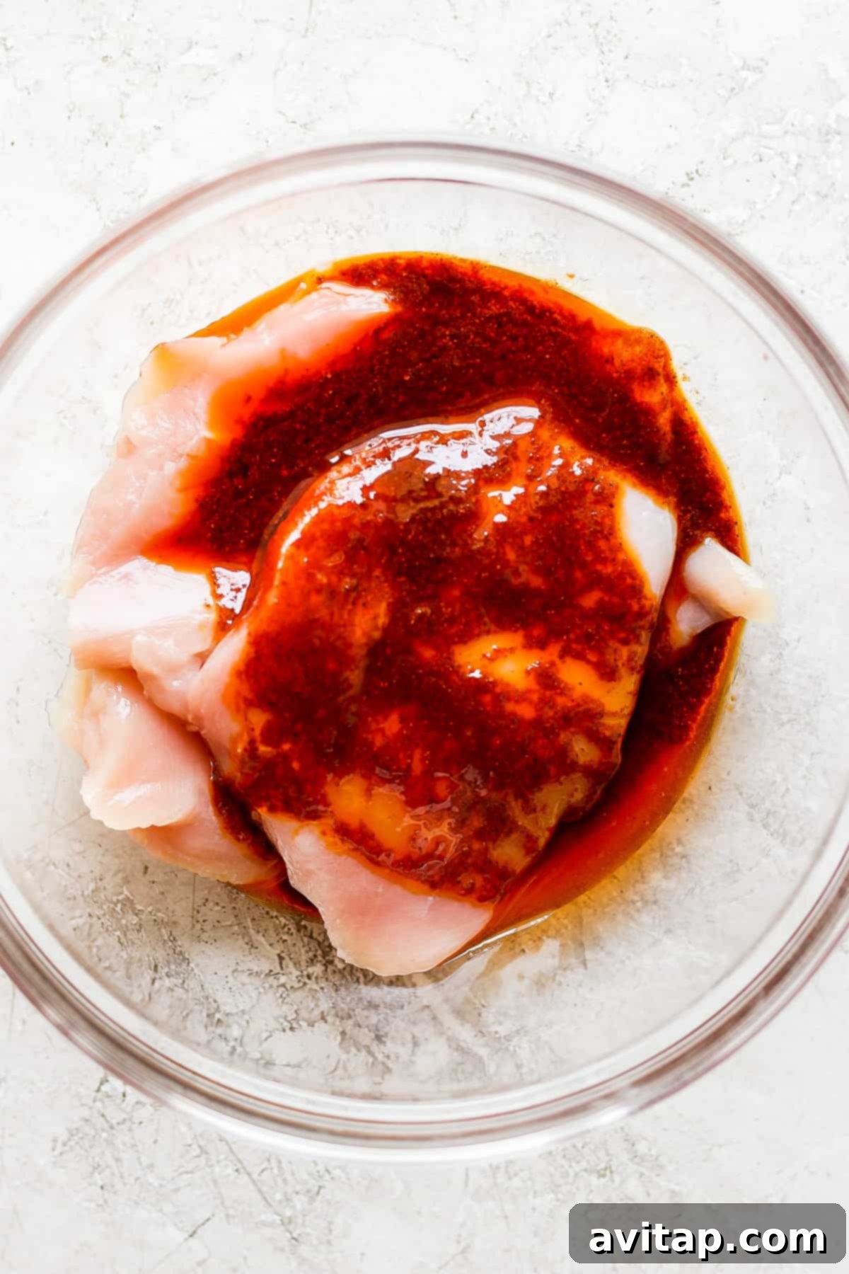 A piece of marinated chicken in a bowl, glistening with the BBQ sauce.