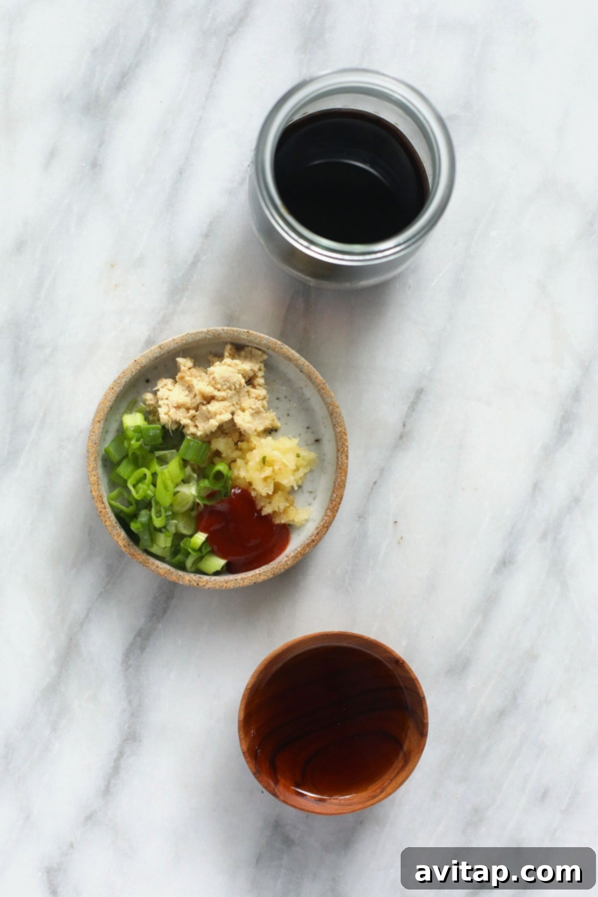 All the fresh ingredients for a homemade teriyaki chicken marinade
