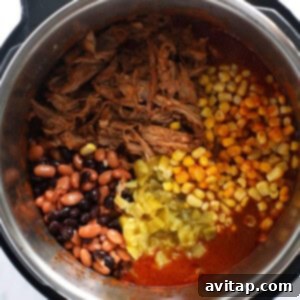 Instant Pot filled with pulled pork chili, beans, and salsa, ready to be stirred.