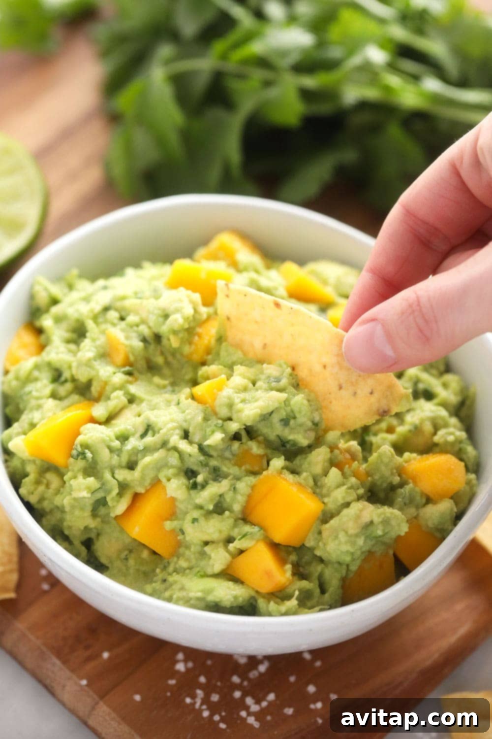 Mango Guacamole with Tortilla Chip A serving of freshly made mango guacamole in a rustic bowl, with a single tortilla chip dipped into its creamy, chunky texture, showcasing its appetizing appeal.