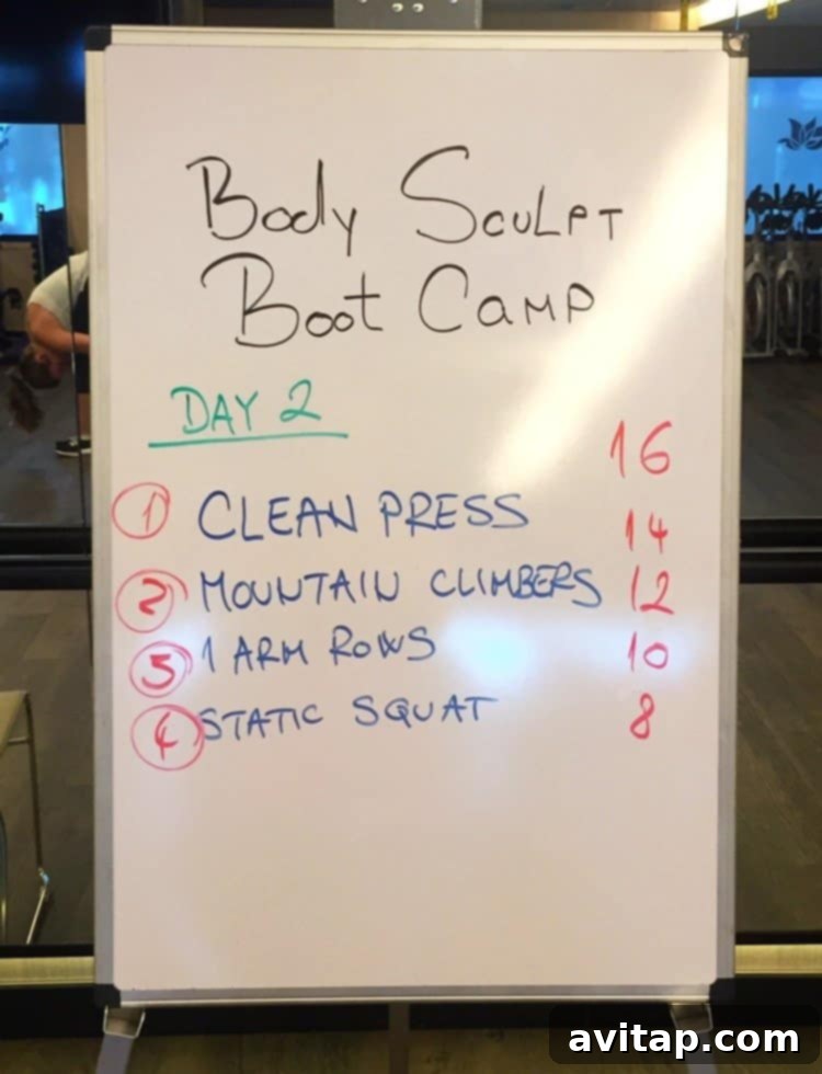 A woman in activewear demonstrating a body sculpt circuit workout with dumbbells in a dynamic gym setting.