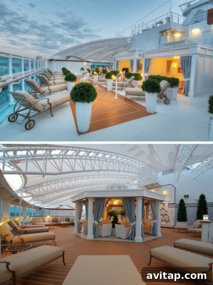 The tranquil Sanctuary on Princess Cruises, featuring luxurious reclining chairs, shaded areas, and attentive staff for ultimate relaxation at sea.