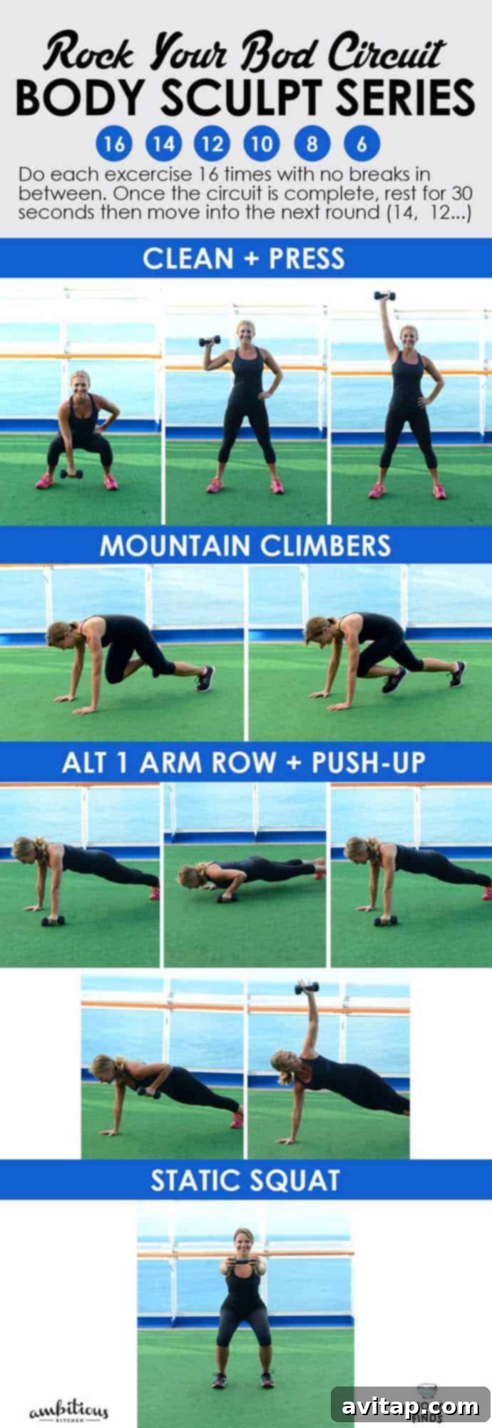 A comprehensive infographic showcasing the 'Rock Your Bod Circuit' workout, detailing exercises like Clean + Press, Mountain Climbers, Alternating 1-Arm Row + Push-Up, and Static Squat, with rep schemes and form tips.