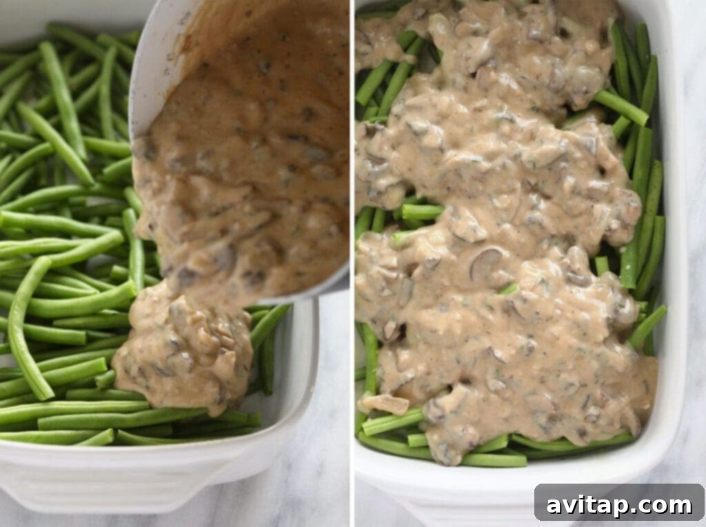 pouring sauce onto green beans